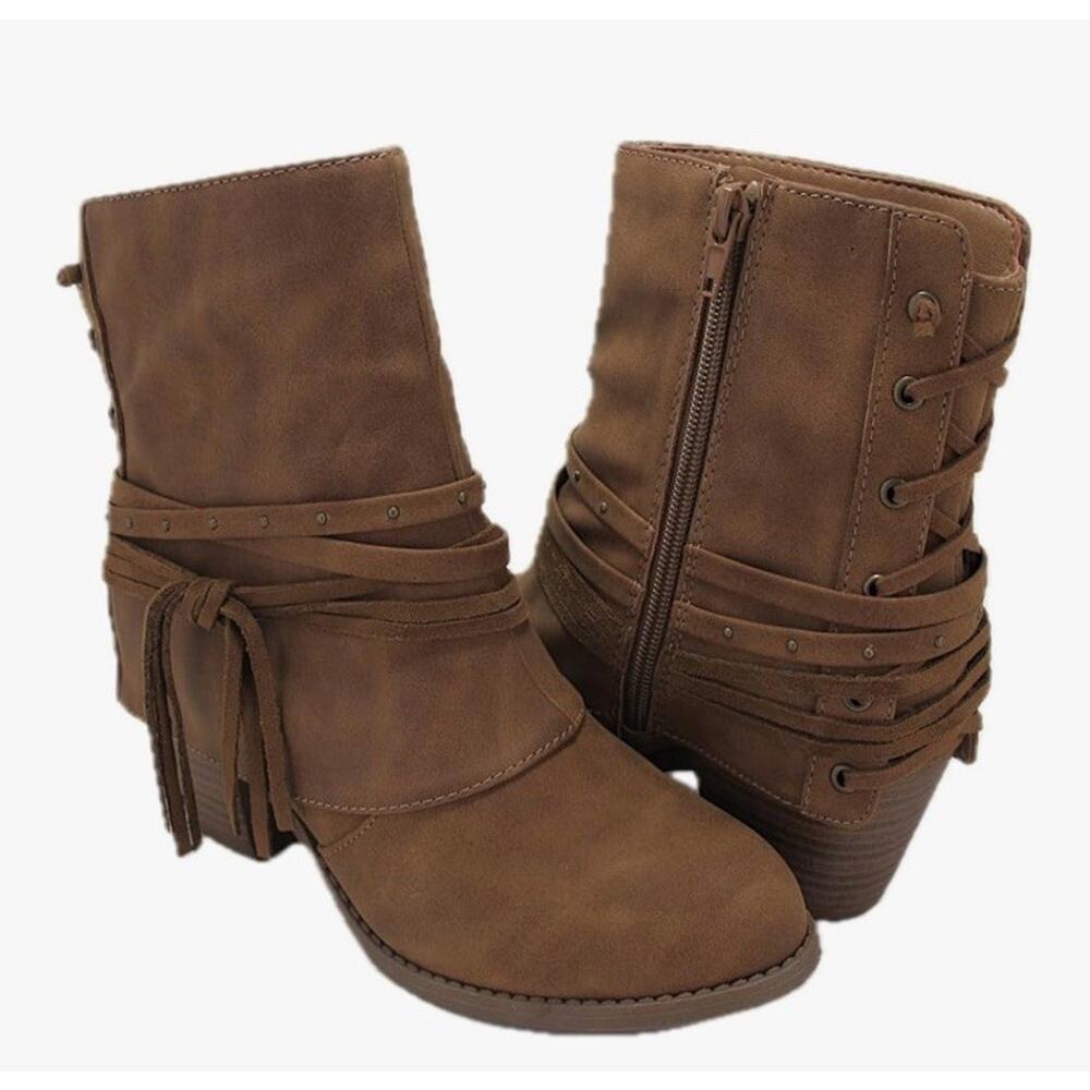 JellyPop Women’s Petra Ankle Boots Brown Fringe Studded Size 9 Western Festival